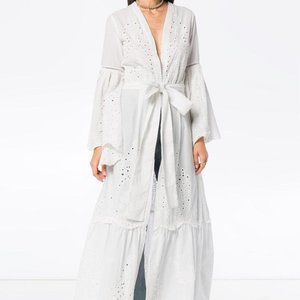 We are LEONE embroidered eyelet bell sleeve maxi with belt NWT